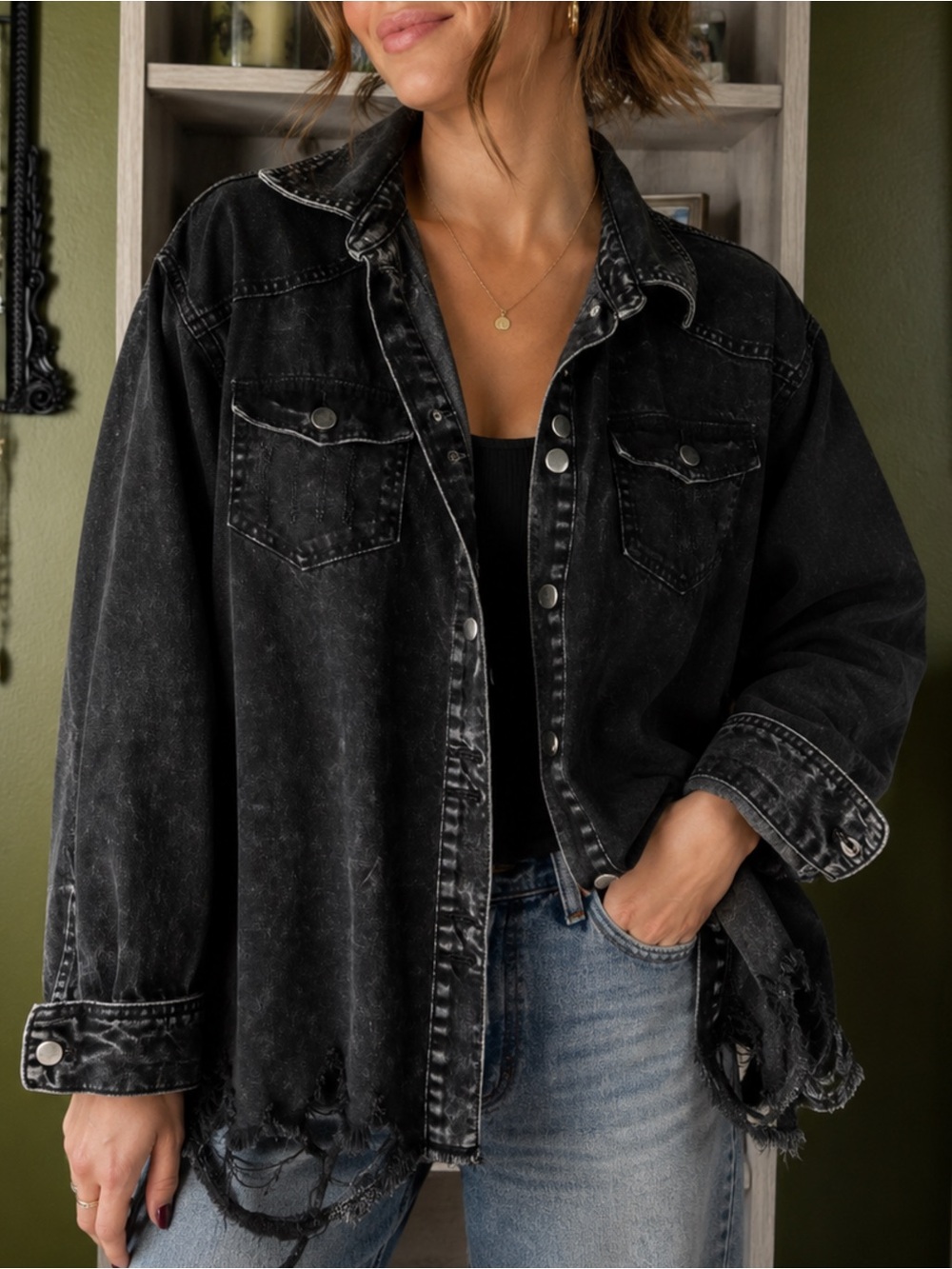 . Easel Distressed/Torn Washed Black Denim Long Sleeve Oversized Shirt Jacket